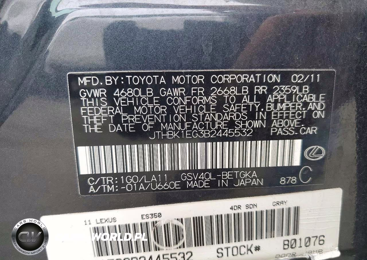 2011 Lexus Es 350 VIN:JTHBK1EG3B2445532 - 12