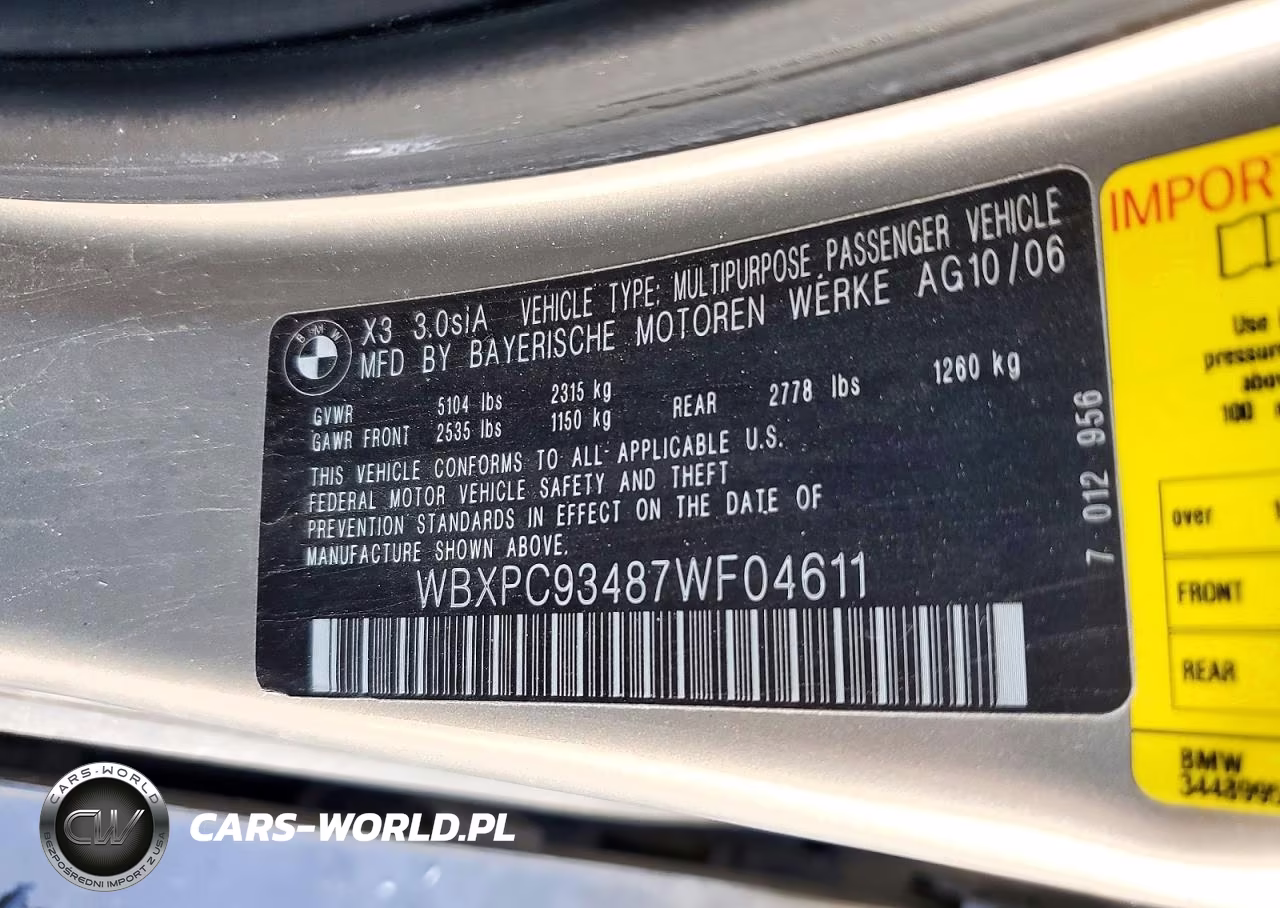 2007 BMW X3 3.0Si VIN:WBXPC93487WF04611 - 13
