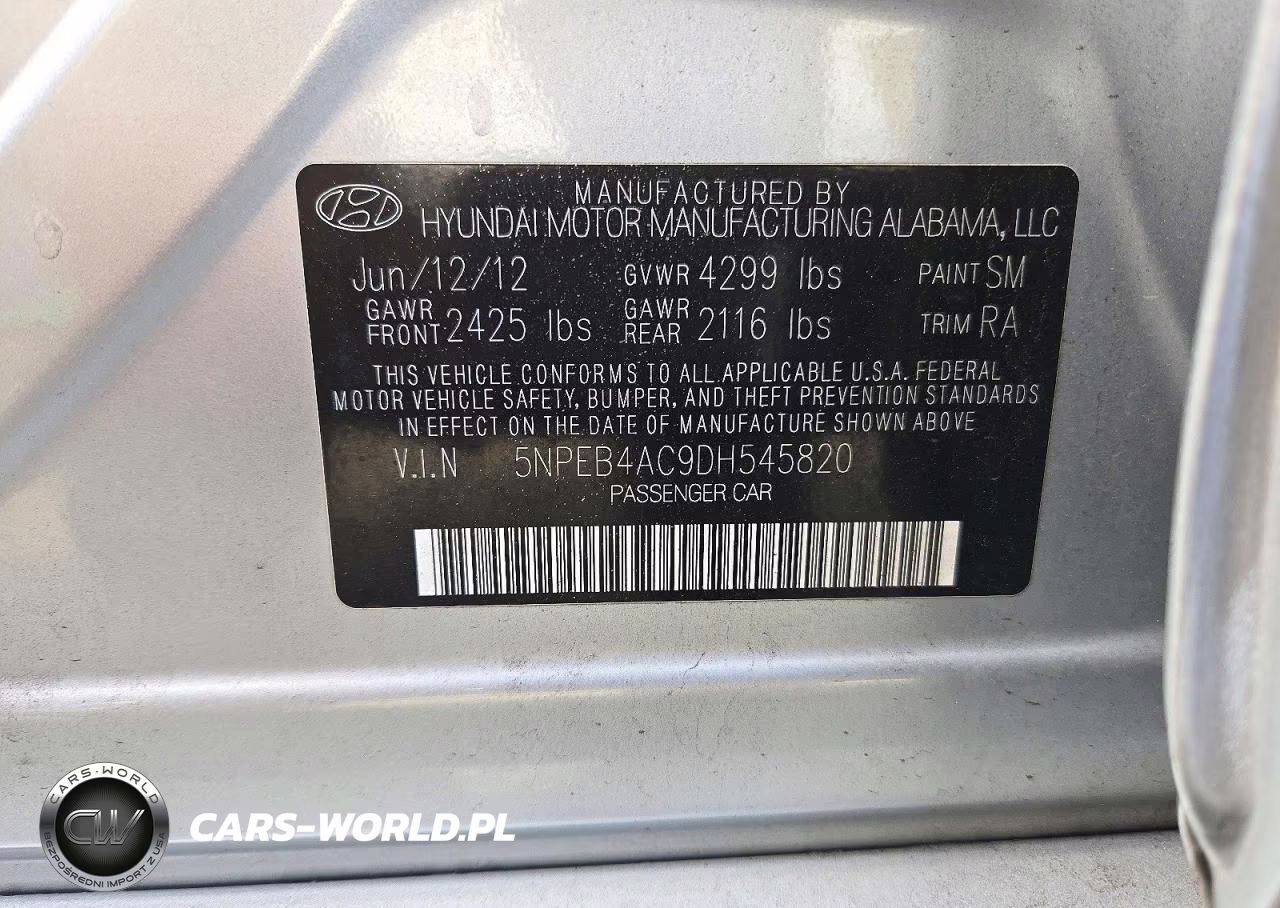 2013 Hyundai Sonata Gls VIN:5NPEB4AC9DH545820 - 12