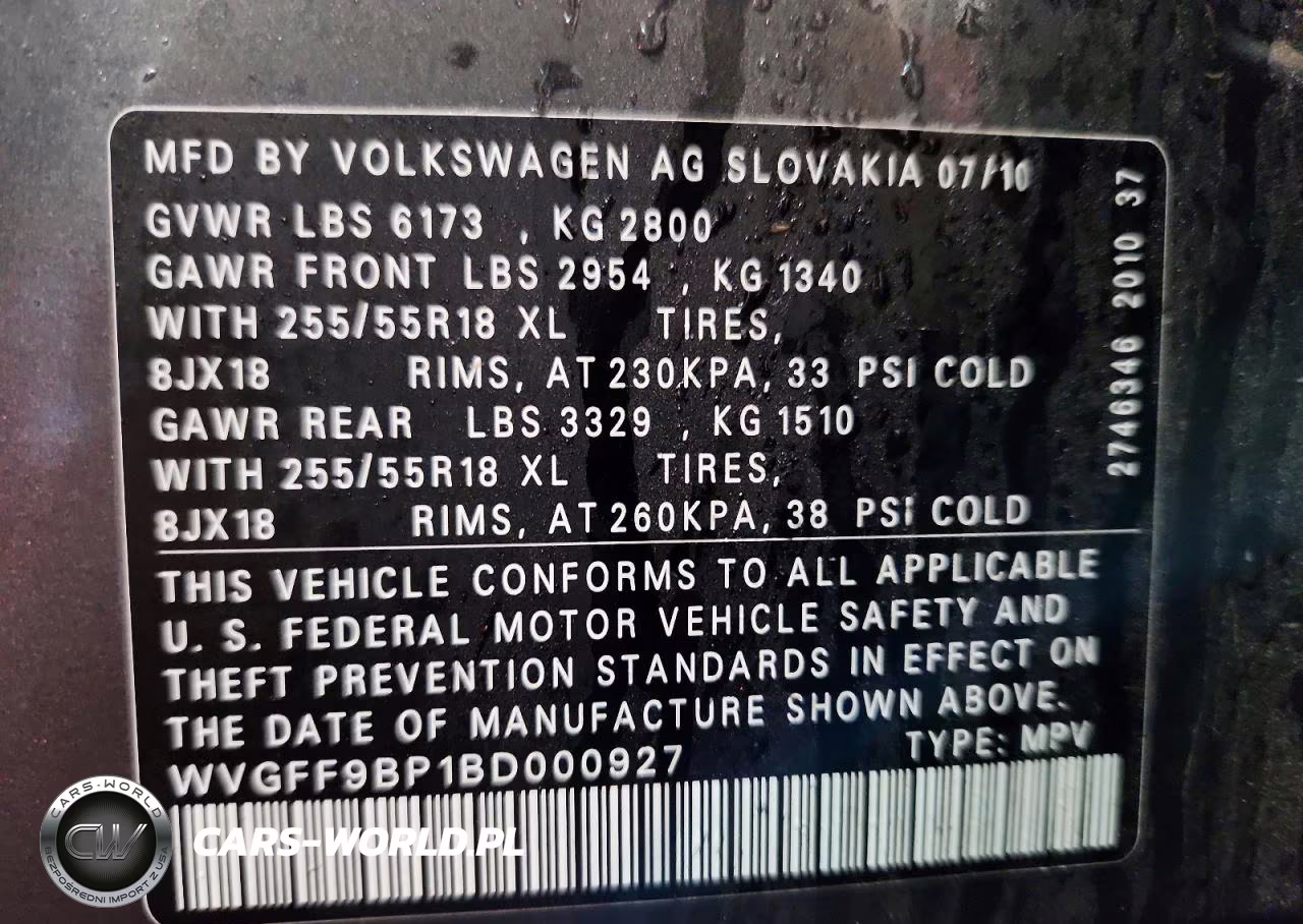 2011 Volkswagen Touareg V6 VIN:WVGFF9BP1BD000927 - 13
