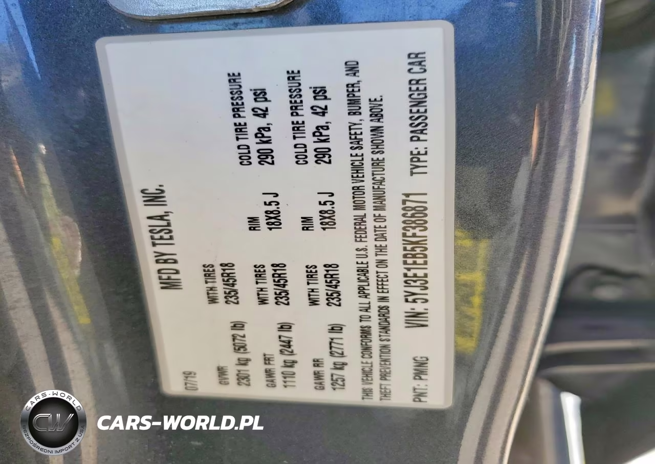 2019 Tesla Model 3 VIN:5YJ3E1EB5KF386871 - 12