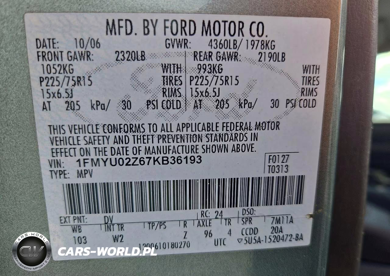2007 Ford Escape Xls VIN:1FMYU02Z67KB36193 - 14