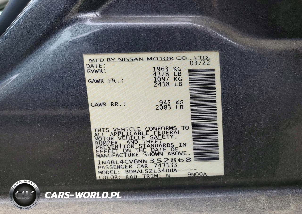 2022 Nissan Altima Sr VIN:1N4BL4CV6NN352868 - 12