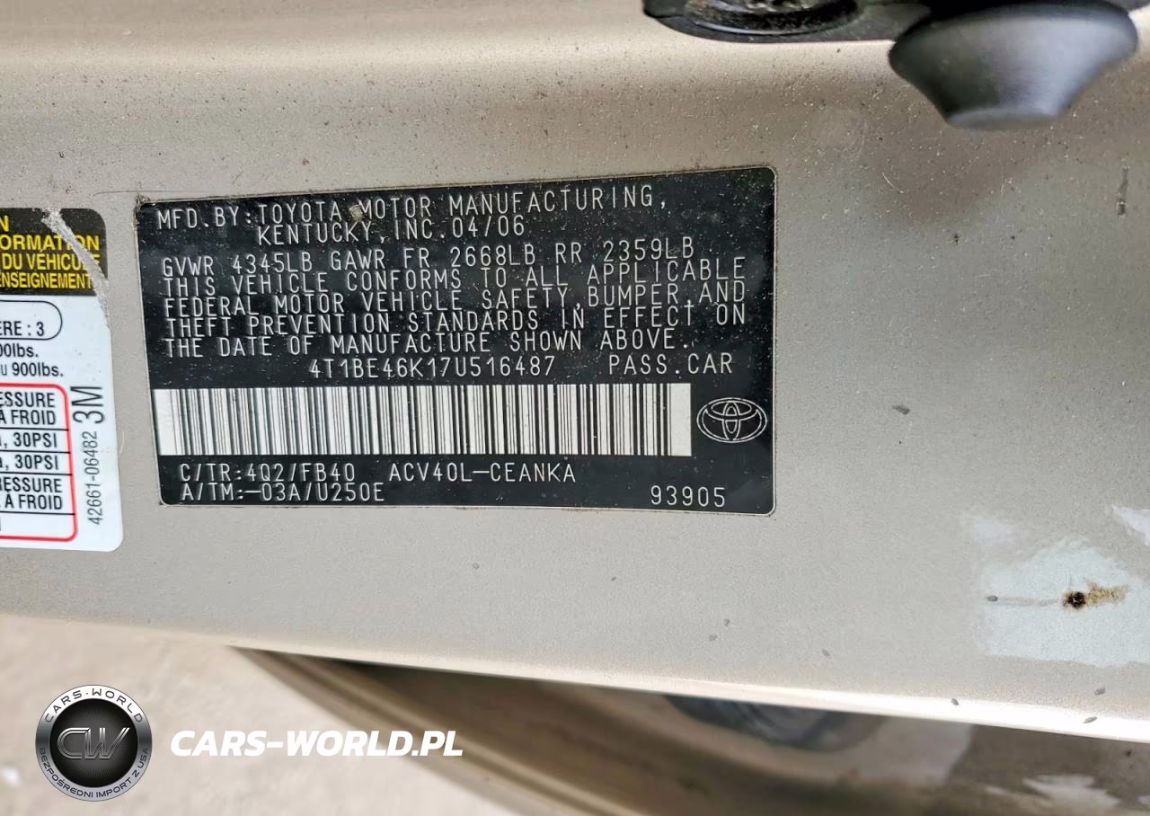 2007 Toyota Camry VIN:4T1BE46K17U516487 - 12