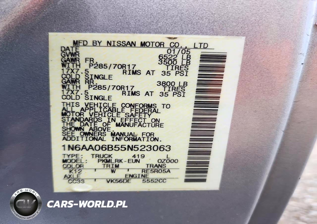 2005 Nissan Titan Xe VIN:1N6AA06B55N523063 - 12