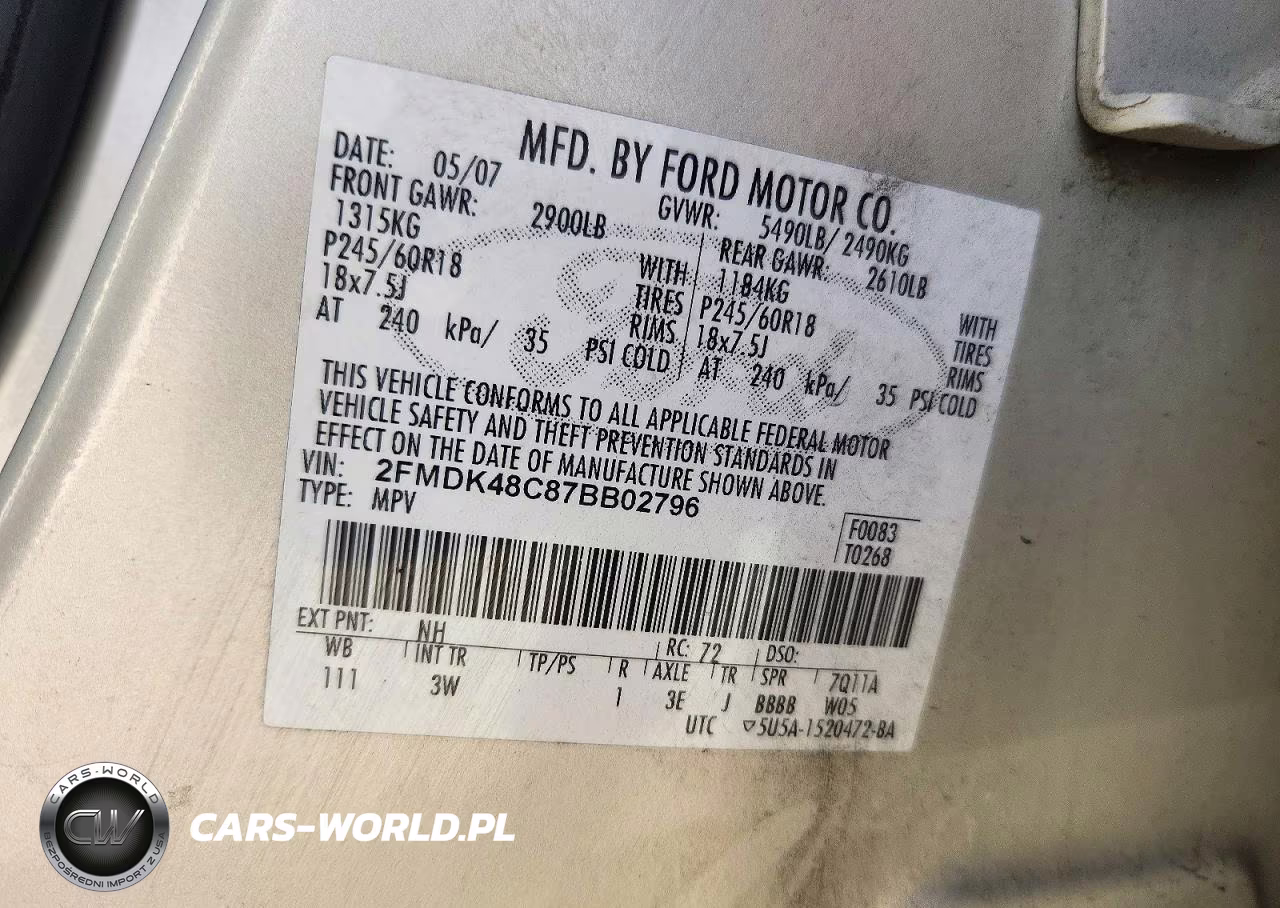 2007 Ford Edge Sel VIN:2FMDK48C87BB02796 - 12