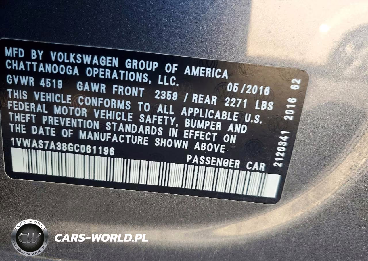 2016 Volkswagen Passat S VIN:1VWAS7A38GC061196 - 12