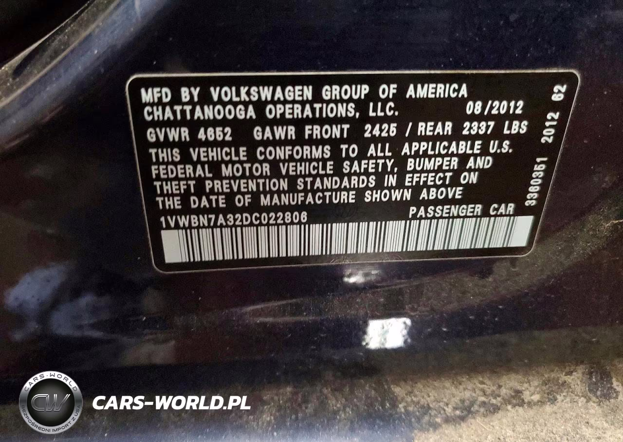 2013 Volkswagen Passat Se VIN:1VWBN7A32DC022806 - 12