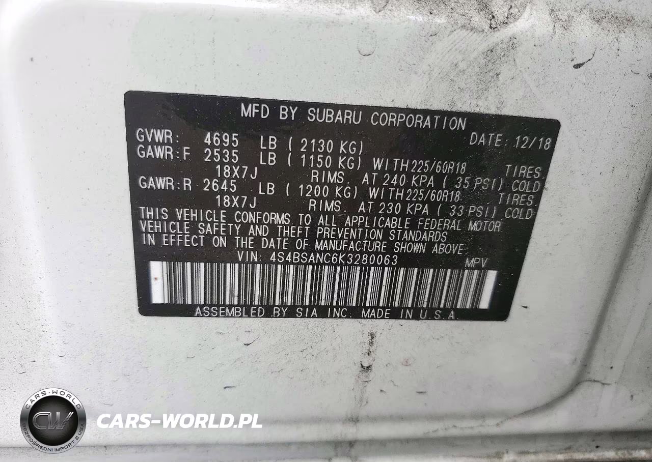 2019 Subaru Outback 2.5I Limited VIN:4S4BSANC6K3280063 - 12