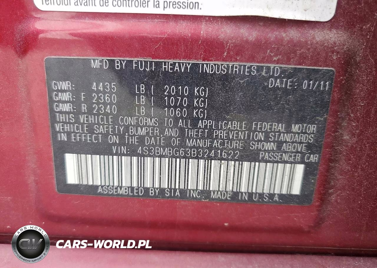 2011 Subaru Legacy 2.5I Premium VIN:4S3BMBG63B3241622 - 12