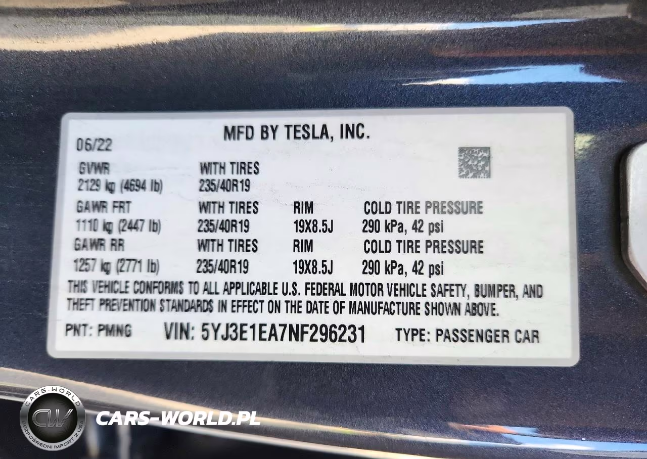 2022 Tesla Model 3 VIN:5YJ3E1EA7NF296231 - 12