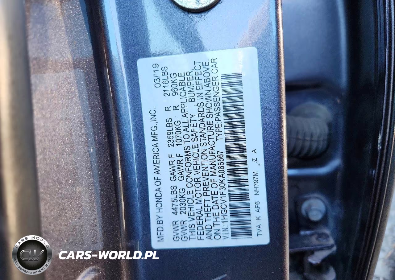 2019 Honda Accord Sport VIN:1HGCV1F30KA066567 - 12
