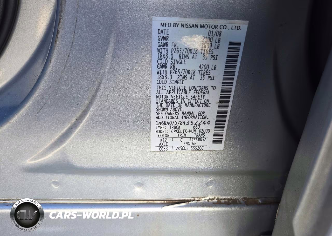 NISSAN TITAN XE VIN:1N6BA07D78N352244 - 12