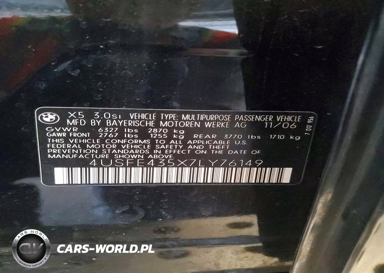 2007 BMW X5 3.0I VIN:4USFE435X7LY76149 - 13