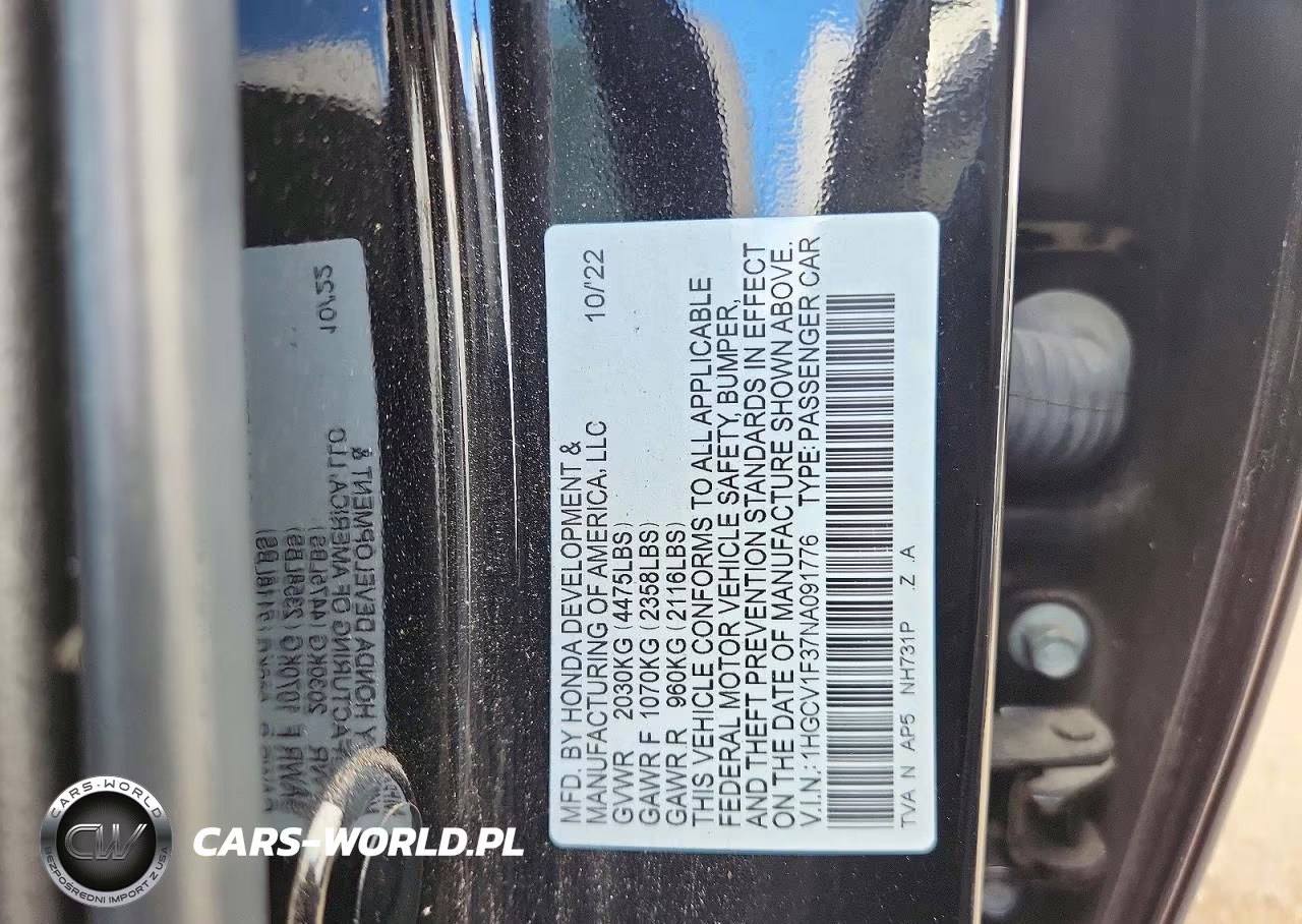 2022 Honda Accord Sport VIN:1HGCV1F37NA091776 - 12