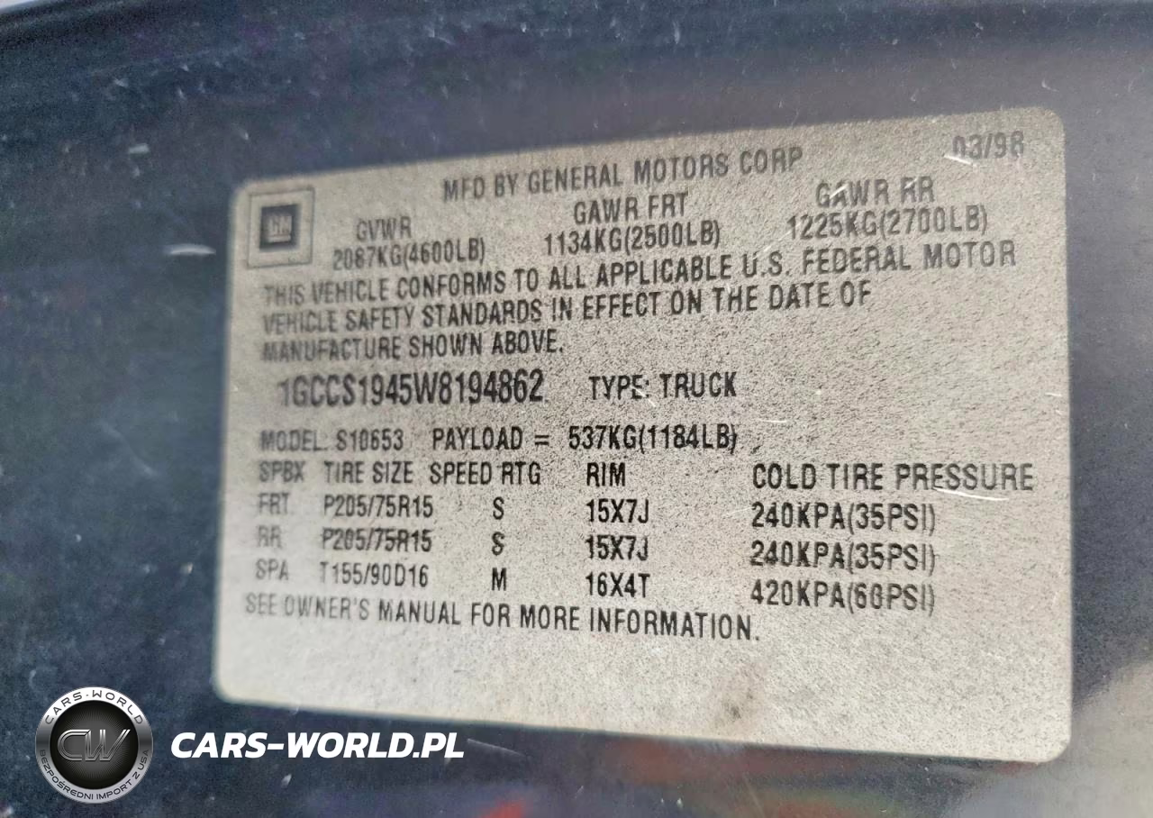 1998 Chevrolet S Truck S10 VIN:1GCCS1945W8194862 - 12
