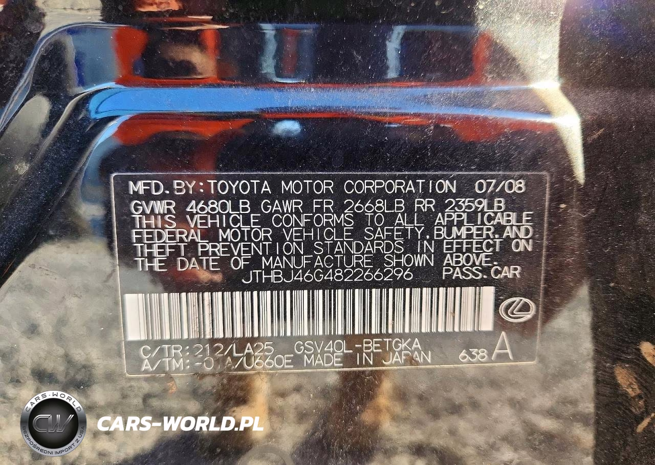 2008 Lexus Es 350 VIN:JTHBJ46G482266296 - 12