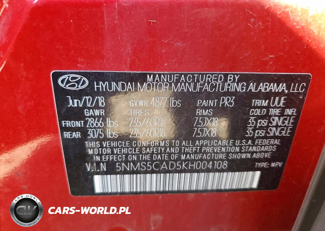 2019 Hyundai Santa Fe Ultimate 2.4L VIN:5NMS5CAD5KH004108 - 13