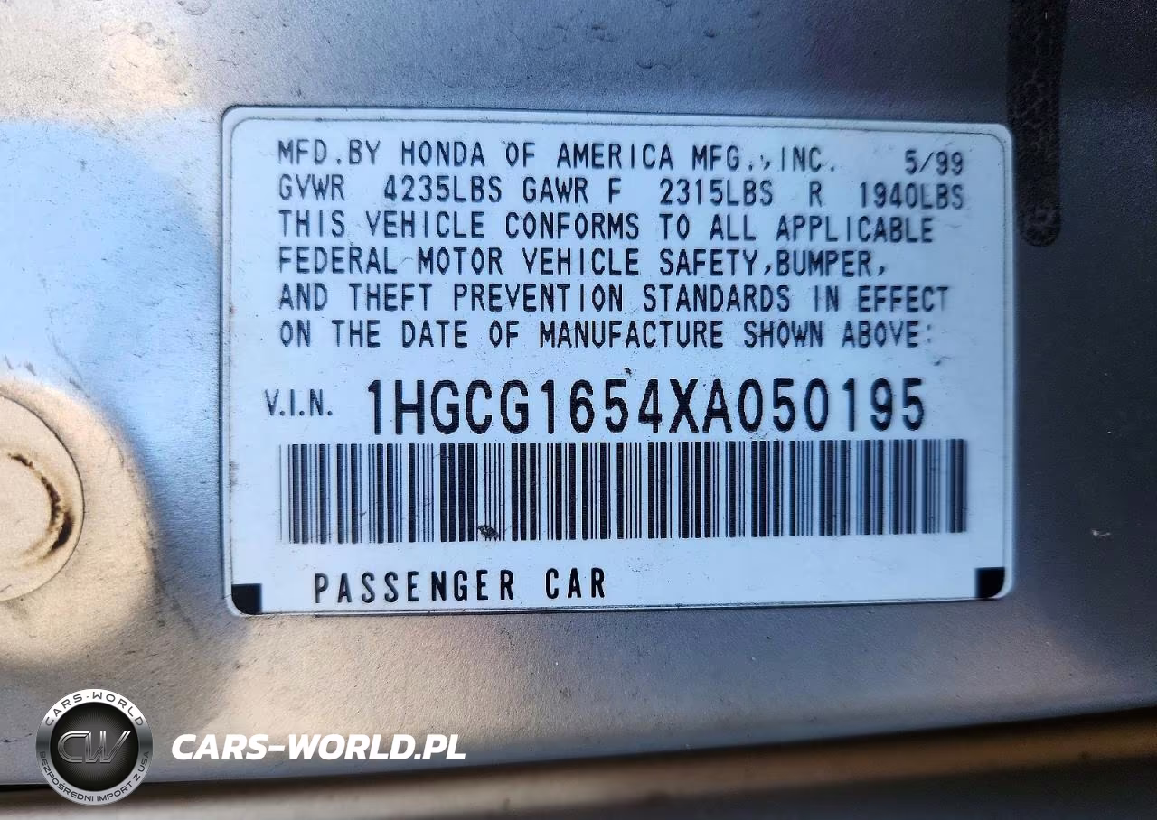1999 Honda Accord Ex VIN:1HGCG1654XA050195 - 12