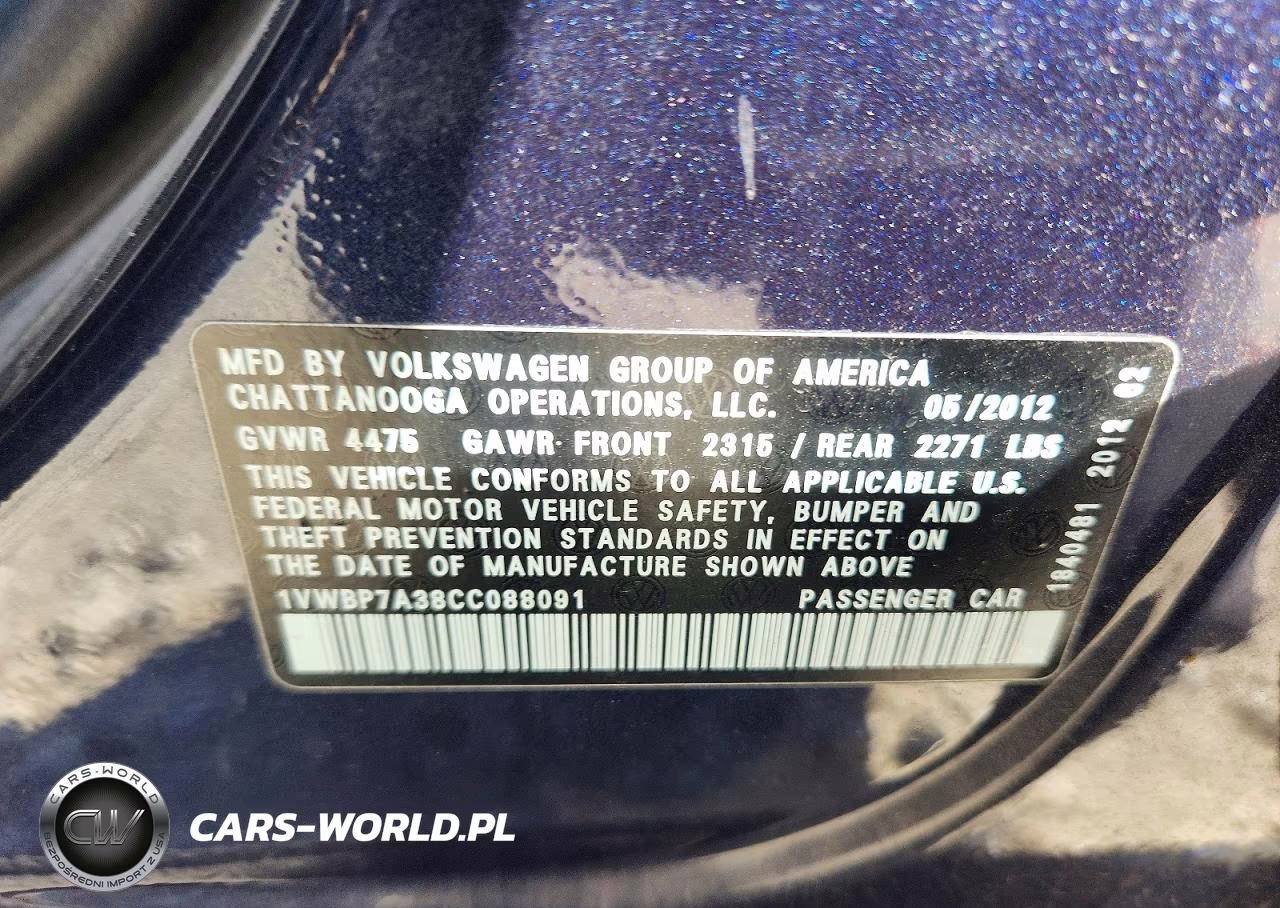 2012 Volkswagen Passat Se VIN:1VWBP7A38CC088091 - 12