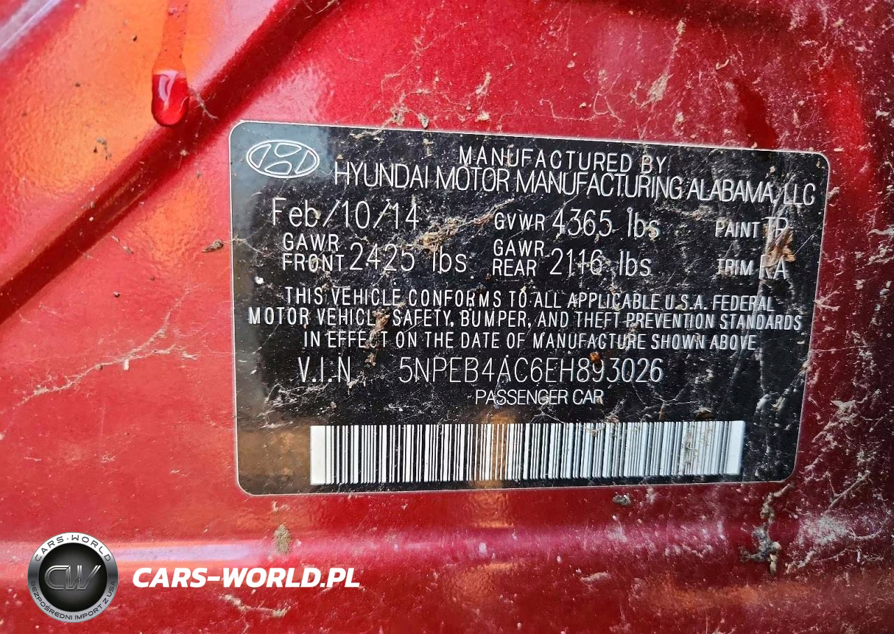 2014 Hyundai Sonata Gls VIN:5NPEB4AC6EH893026 - 12