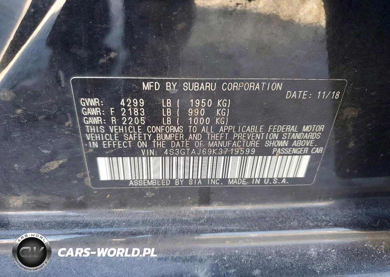 2019 Subaru Impreza Sport VIN:4S3GTAJ69K3719599 - 14