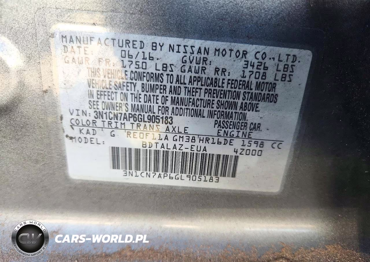 2016 Nissan Versa 1.6 S Plus VIN:3N1CN7AP6GL905183 - 12