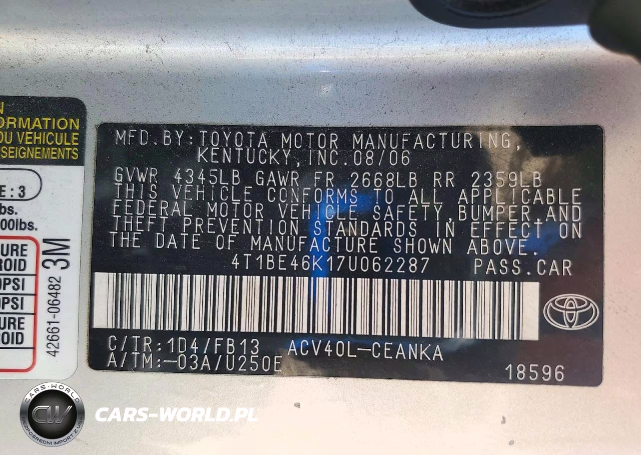 2007 Toyota Camry Ce VIN:4T1BE46K17U062287 - 12