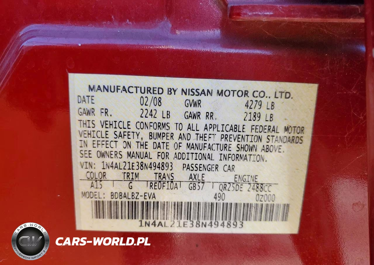 2008 Nissan Altima 2.5 VIN:1N4AL21E38N494893 - 12