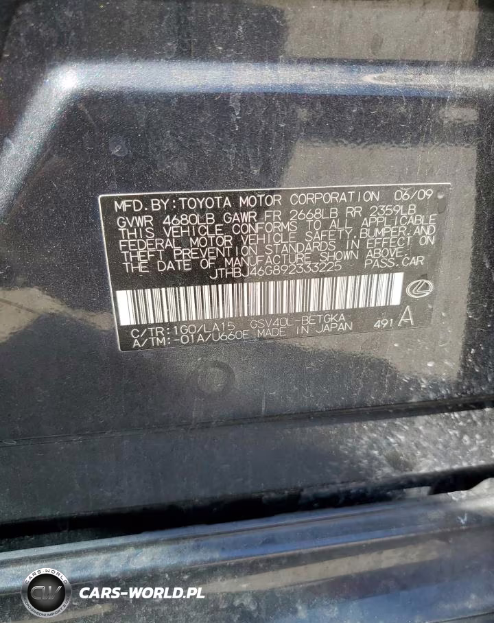 2009 Lexus Es 350 VIN:JTHBJ46G892333225 - 12