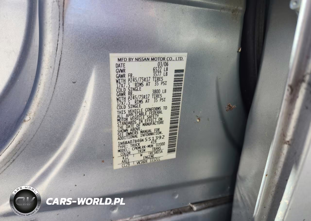 2006 Nissan Titan Xe Ffv VIN:1N6BA07B46N551392 - 12