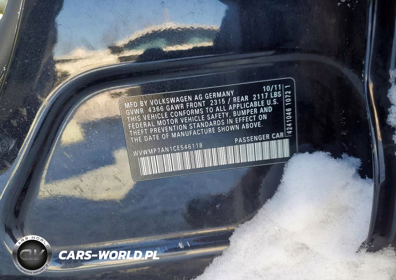 2012 Volkswagen Cc Sport VIN:WVWMP7AN1CE546118 - 12