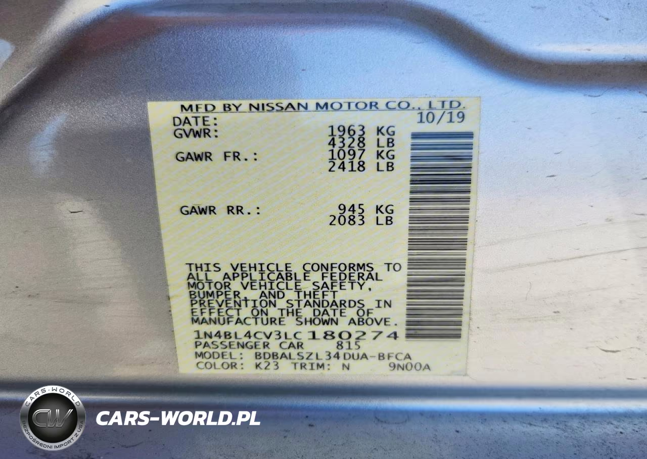 2020 Nissan Altima Sr VIN:1N4BL4CV3LC180274 - 12