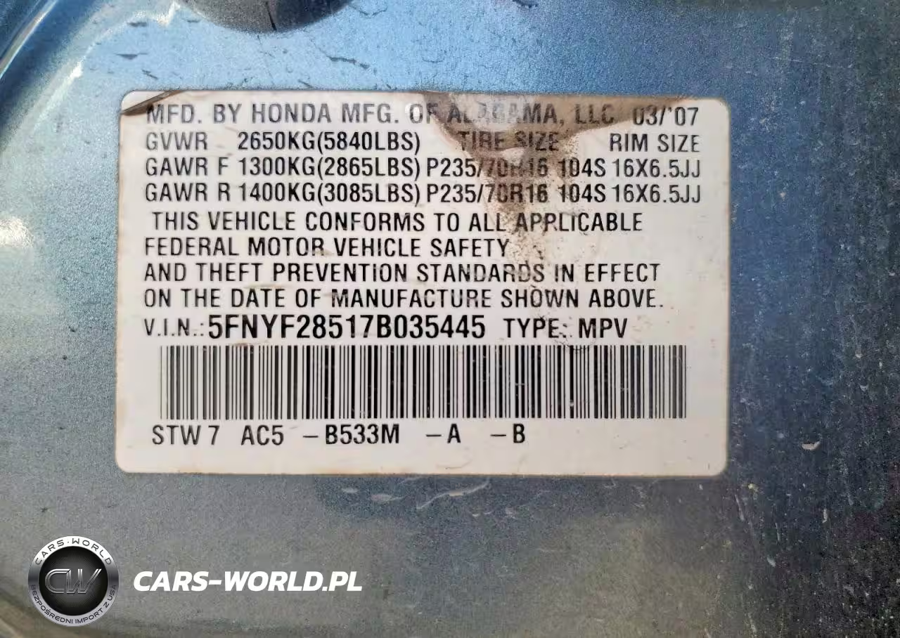 2007 Honda Pilot Exl VIN:5FNYF28517B035445 - 13