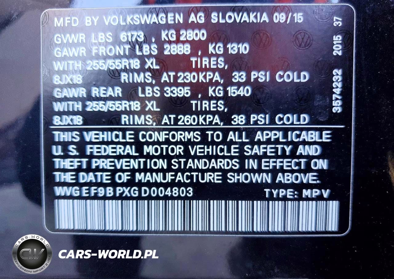 2016 Volkswagen Touareg Sport VIN:WVGEF9BPXGD004803 - 13