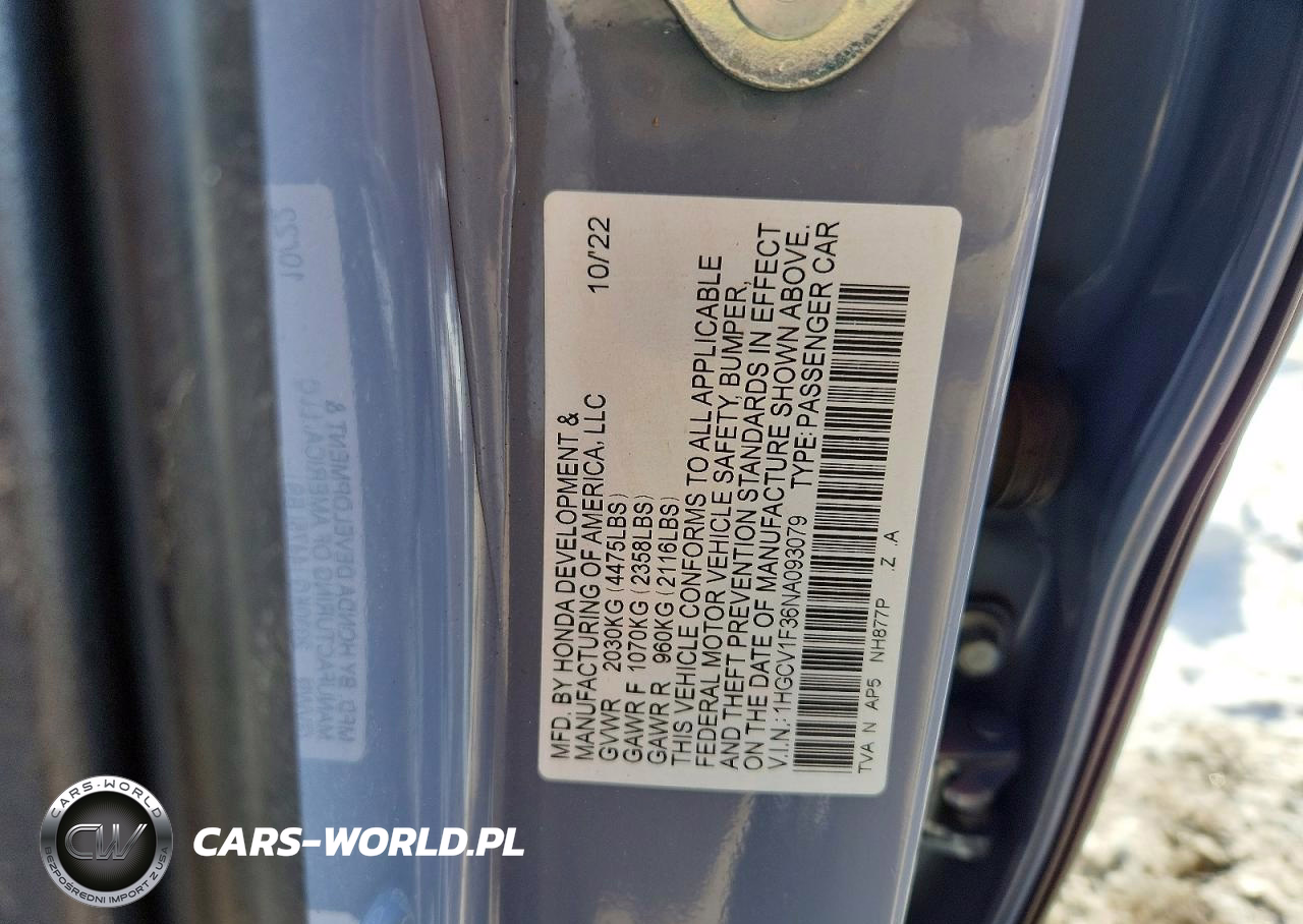 2022 Honda Accord Sport VIN:1HGCV1F36NA093079 - 12