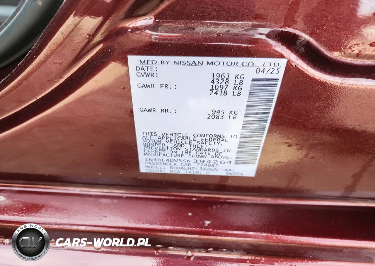 2025 Nissan Altima Sv VIN:1N4BL4DV5SN394264 - 12