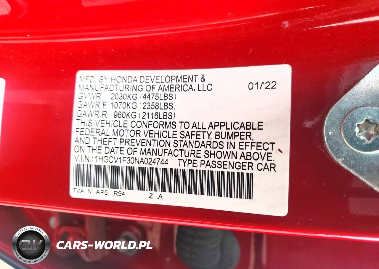 2022 Honda Accord Sport VIN:1HGCV1F30NA024744 - 13