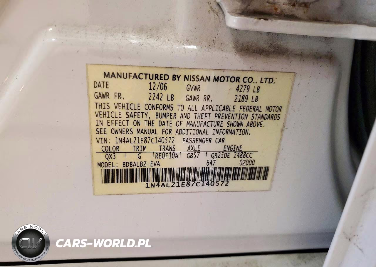 2007 Nissan Altima 2.5 VIN:1N4AL21E87C140572 - 12