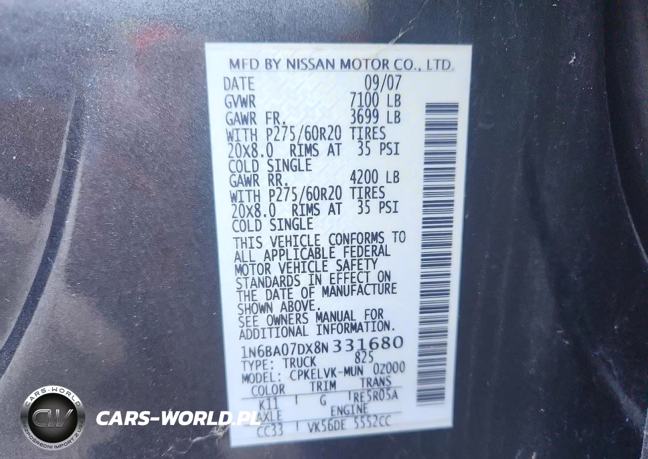 2008 Nissan Titan Xe Ffv VIN:1N6BA07DX8N331680 - 12