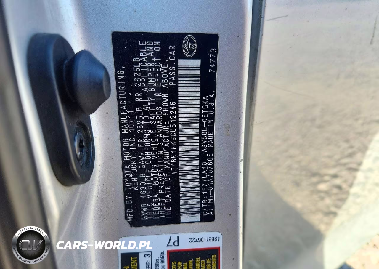 2012 Toyota Camry Xle VIN:4T1BF1FK6CU512246 - 12