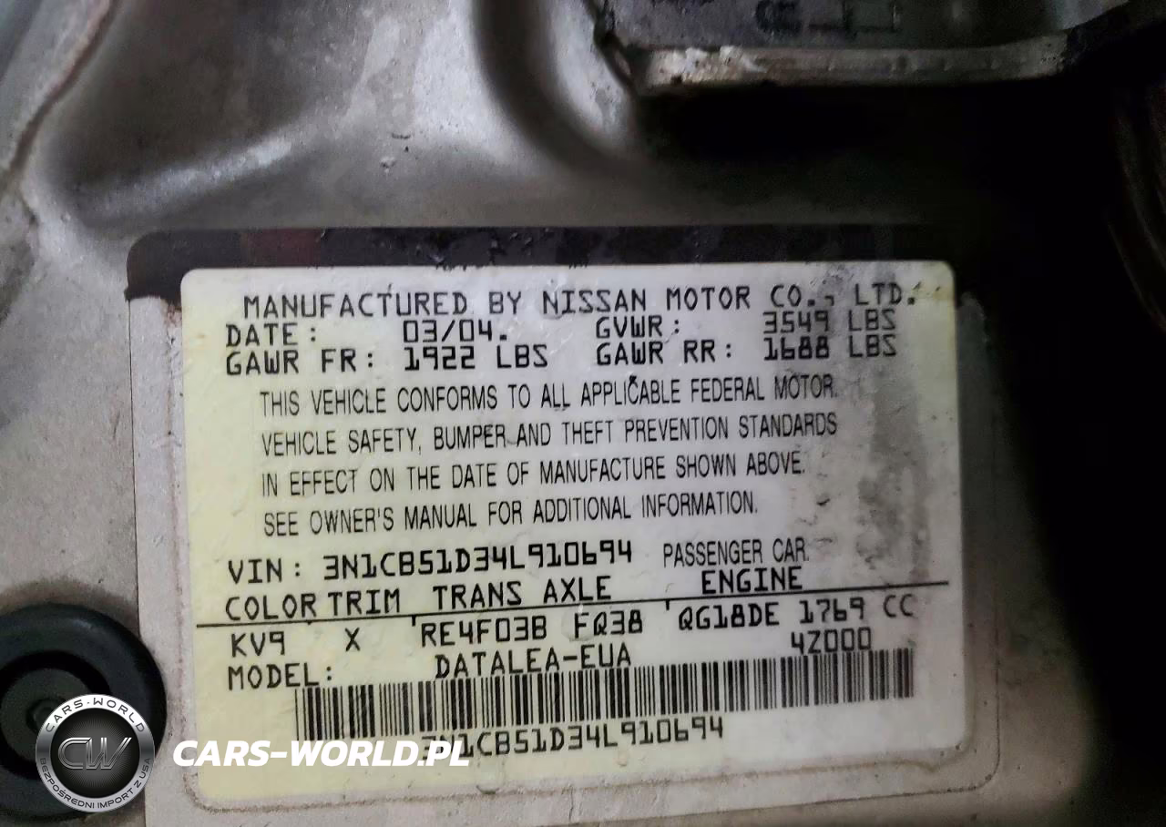 2004 Nissan Sentra 1.8 VIN:3N1CB51D34L910694 - 12