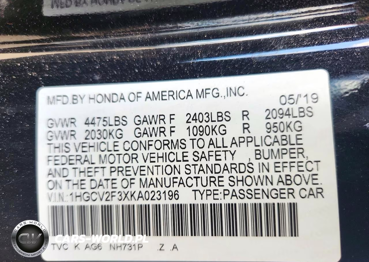 2019 Honda Accord Sport VIN:1HGCV2F3XKA023196 - 12