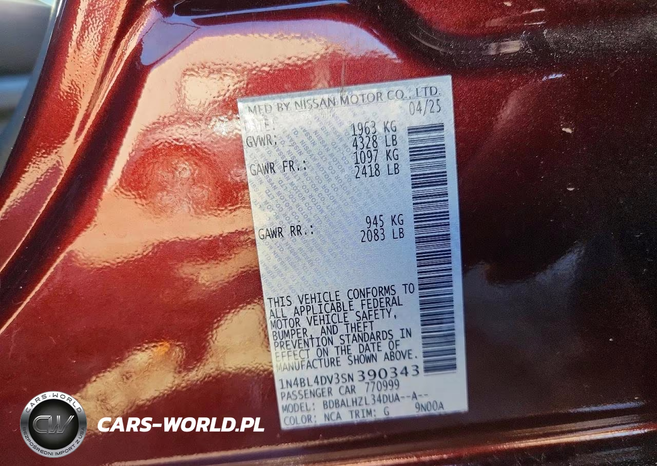 2025 Nissan Altima Sv VIN:1N4BL4DV3SN390343 - 12