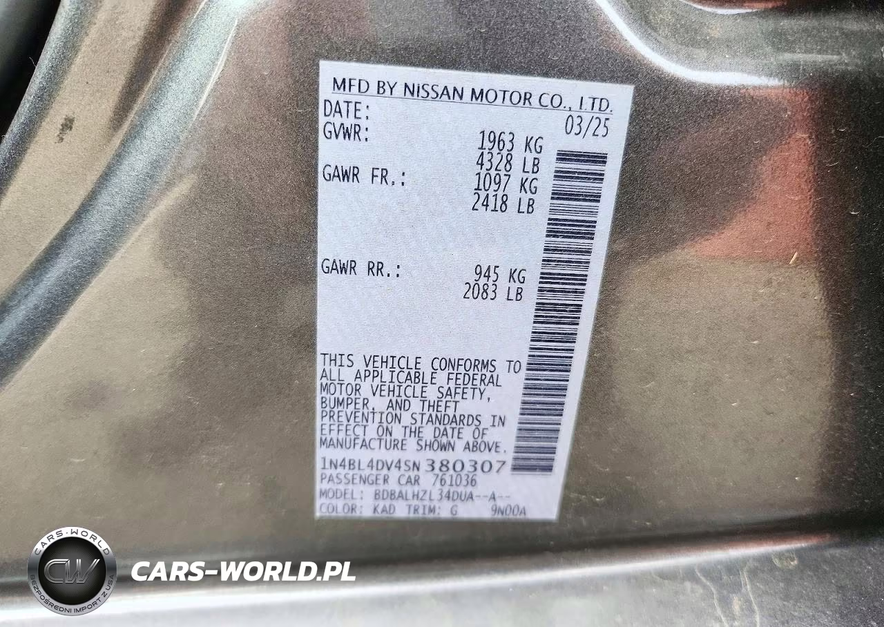 2025 Nissan Altima Sv VIN:1N4BL4DV4SN380307 - 12