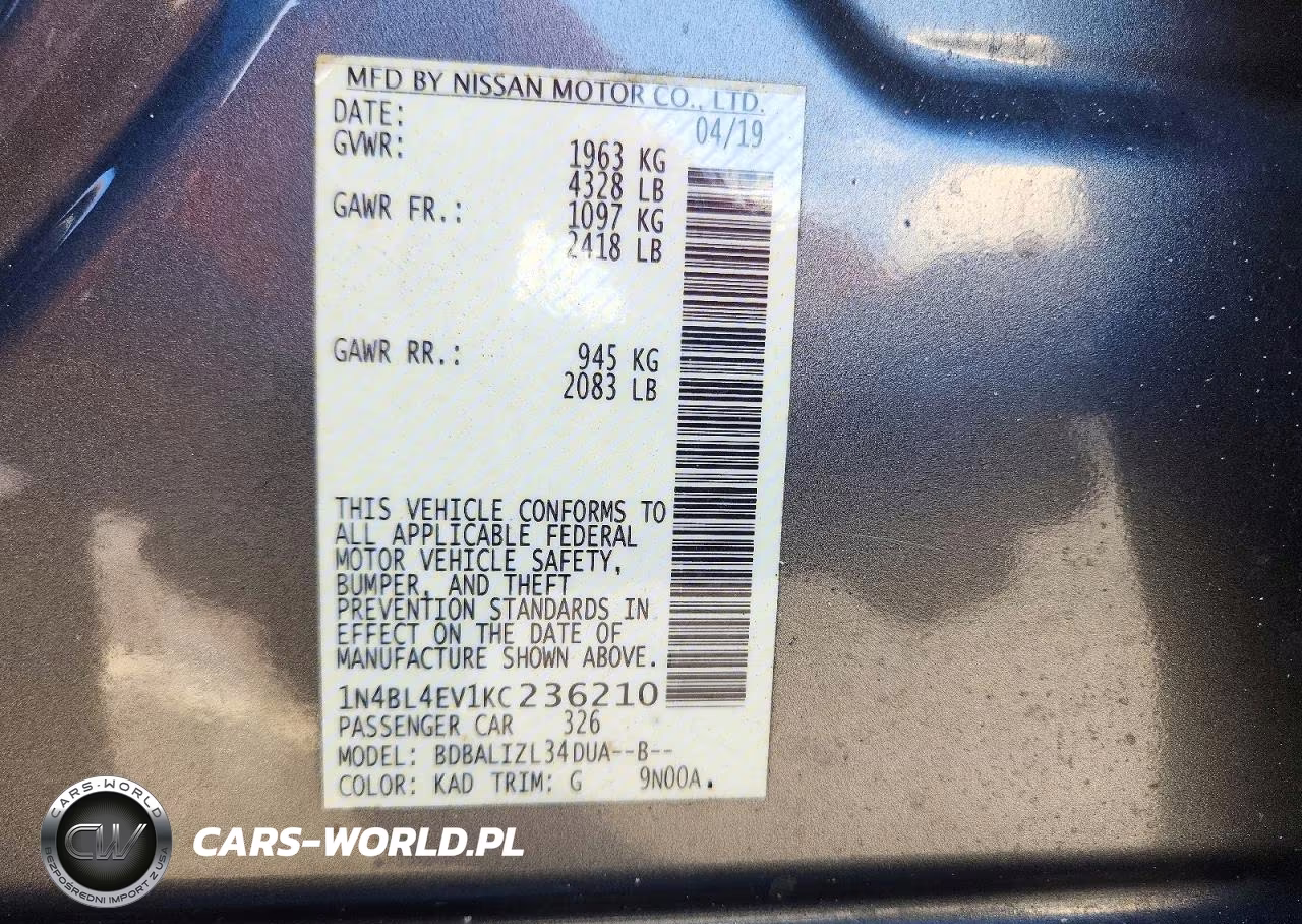 2019 Nissan Altima Sl VIN:1N4BL4EV1KC236210 - 12