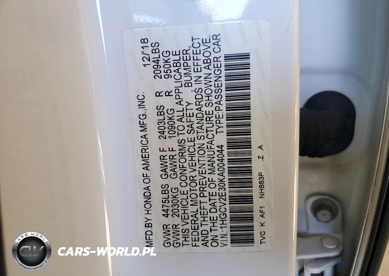 2019 Honda Accord Sport VIN:1HGCV2E30KA004044 - 12