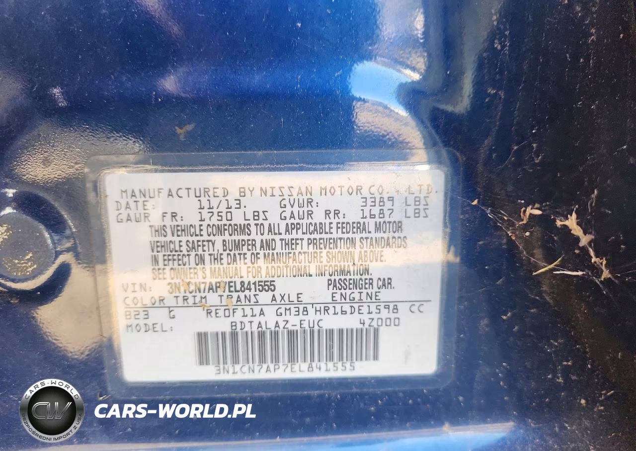 2014 Nissan Versa 1.6 S Plus VIN:3N1CN7AP7EL841555 - 12