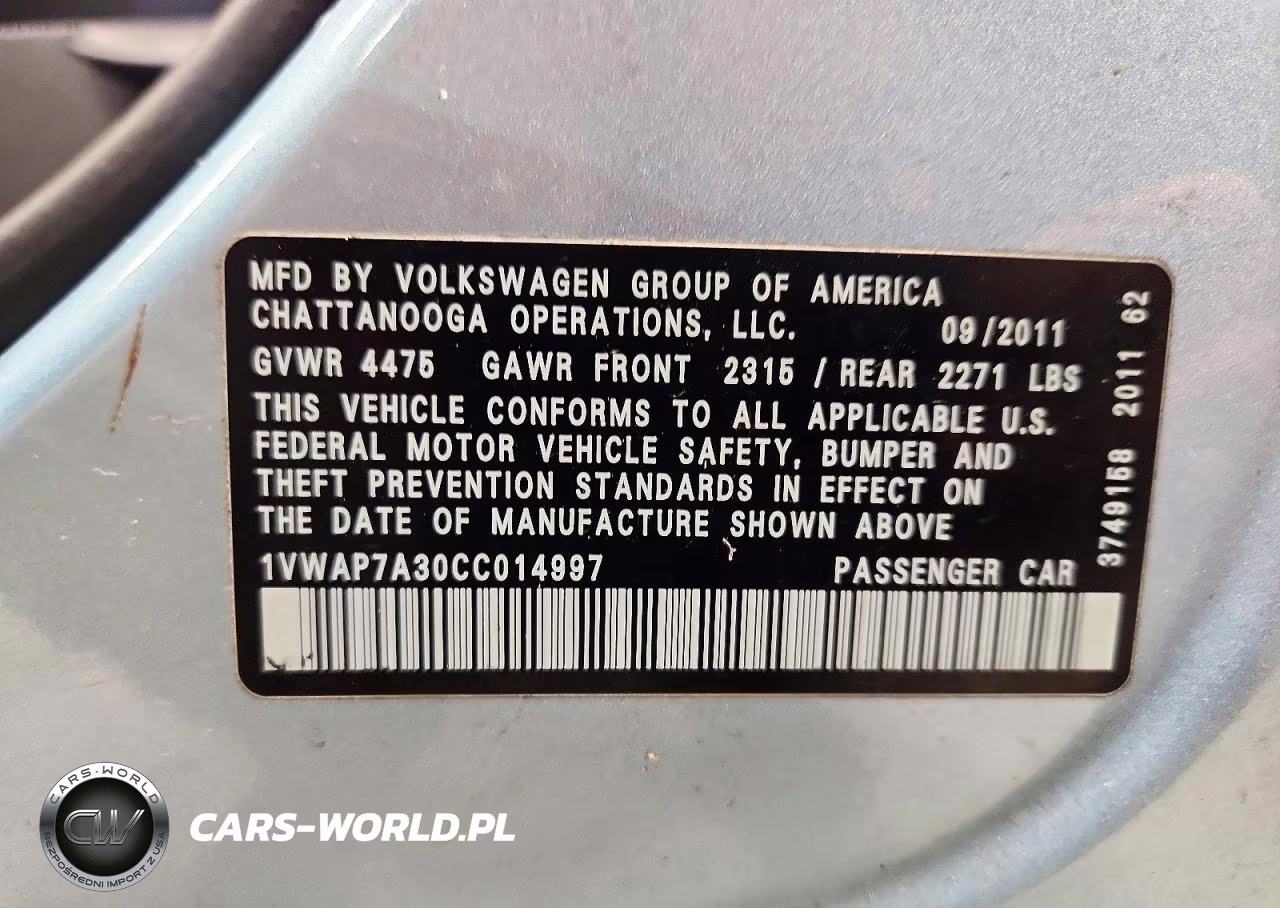 2012 Volkswagen Passat S VIN:1VWAP7A30CC014997 - 12