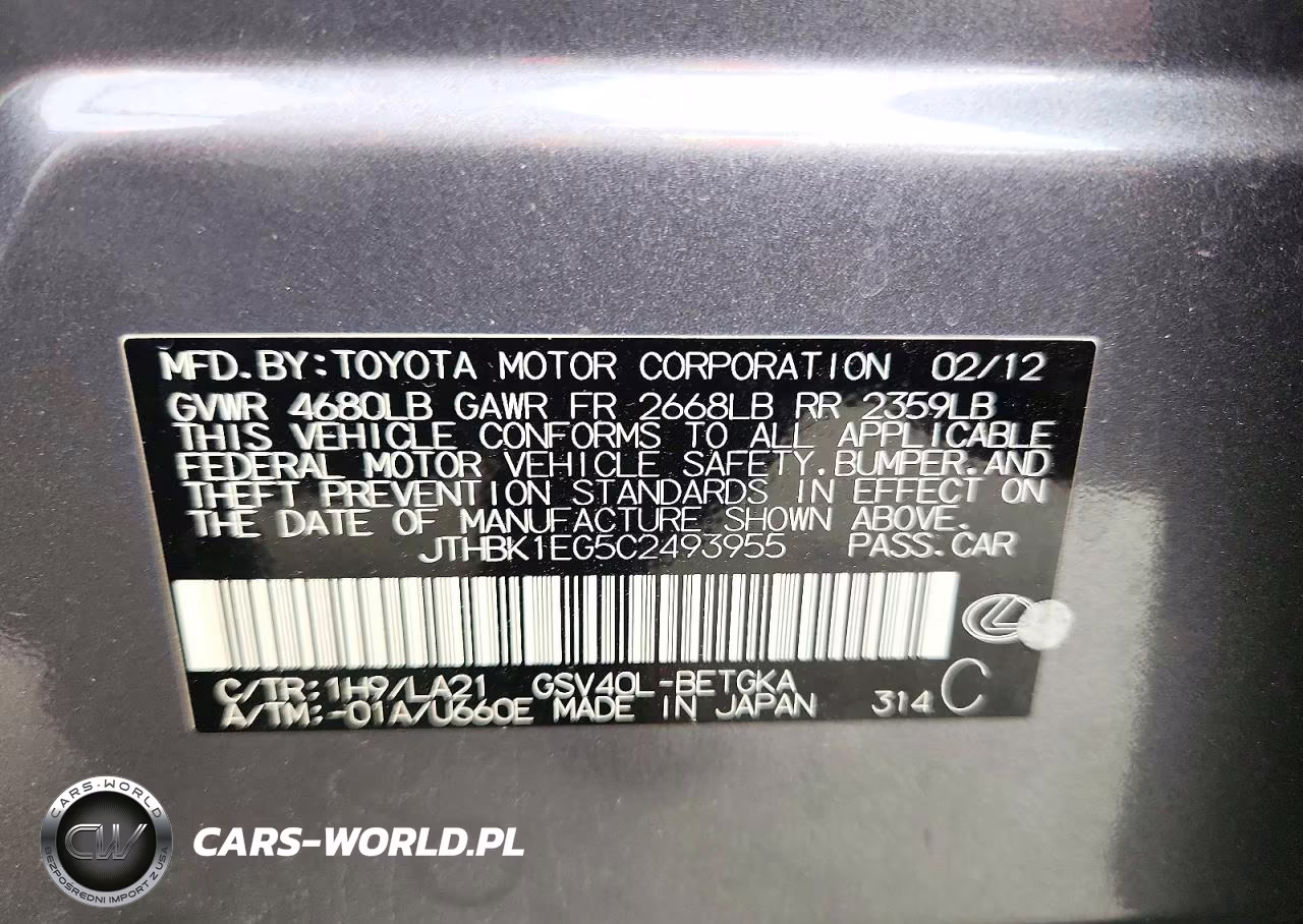 2012 Lexus Es 350 VIN:JTHBK1EG5C2493955 - 12